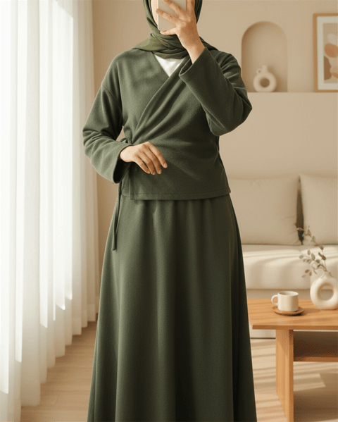 Önü Bağlamalı Etekli Kaşe Kimono Takım -Haki-Takım-346-3078-R05