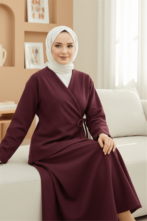 Önü Bağlamalı Etekli Kaşe Kimono Takım -Bordo-Takım-346-3078-R04