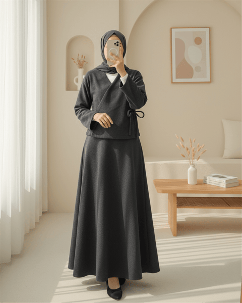 Önü Bağlamalı Etekli Kaşe Kimono Takım -Antrasit-Takım-346-3078-R64