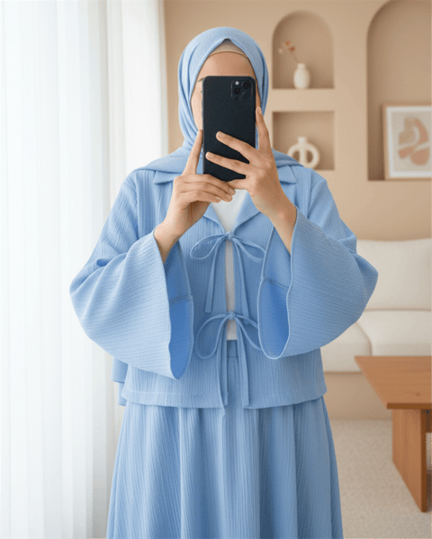 Önü Bağlamalı Etekli Krinkıl Takım   -Bebe Mavi-Takım-349-7034-R32