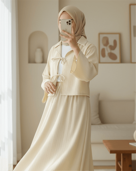 Önü Bağlamalı Etekli Krinkıl Takım  -Bej-Takım-349-7034-R56