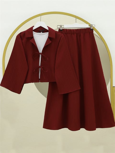 Önü Bağlamalı Etekli Krinkıl Takım  -Bordo-Takım-349-7034-R04