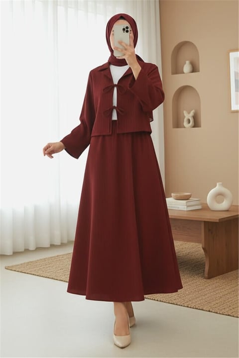 Önü Bağlamalı Etekli Krinkıl Takım  -Bordo-Takım-349-7034-R04