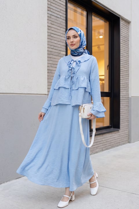 Önü Bağlamalı Fırfırlı İspanyol Kol Etekli Cupra Kimono Takım -Bebe Mavi