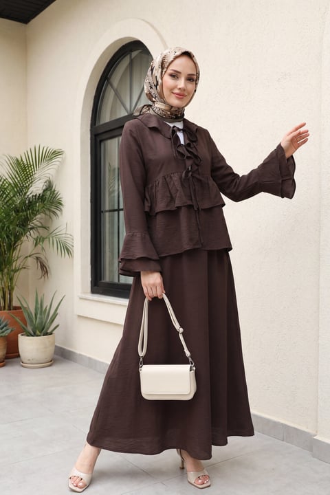 Önü Bağlamalı Fırfırlı İspanyol Kol Etekli Cupra Kimono Takım -Koyu Kahverengi