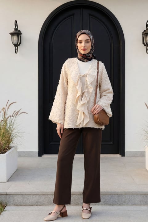 Önü Bağlamalı Fırfırlı Püsküllü Jakar Kimono  -Taş rengi