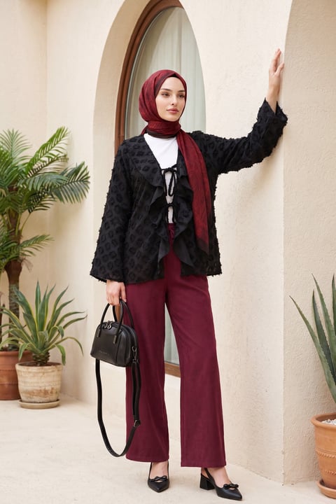 Önü Bağlamalı Fırfırlı Püsküllü Jakar Kimono  -Siyah