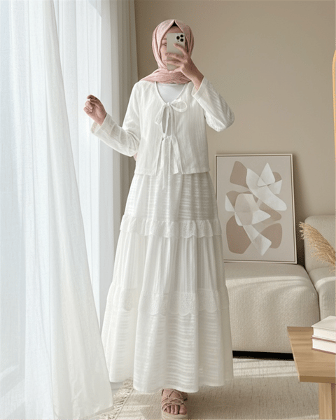 Önü Bağlamalı Fistolu Etekli Takım -Beyaz-Takım-144-3012-R02