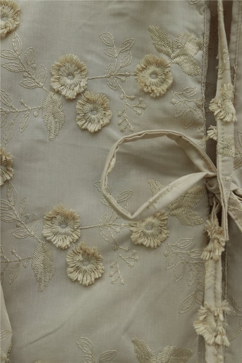 Önü Bağlamalı Kabartma Çiçek Nakışlı Eteği Astarlı Keten Kimono Takım  -Vizon-Takım-349-8089-R23
