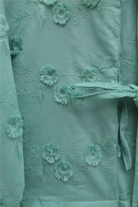 Önü Bağlamalı Kabartma Çiçek Nakışlı Eteği Astarlı Keten Kimono Takım  -Su Yeşili-Takım-349-8089-R36