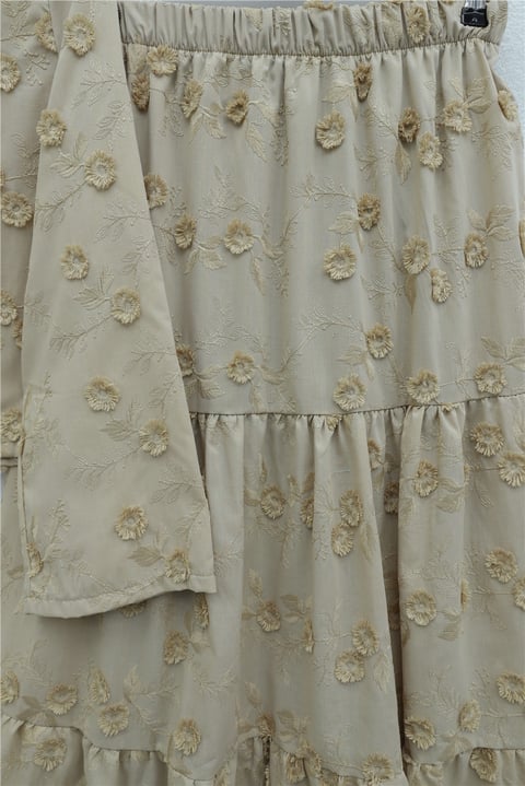 Önü Bağlamalı Kabartma Çiçek Nakışlı Eteği Astarlı Keten Kimono Takım  -Vizon-Takım-349-8089-R23