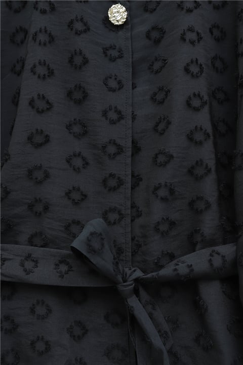 Önü Bağlamalı Kabartma Çiçek Nakışlı Eteği Astarlı Keten Kimono Takım  -Siyah-Takım-349-8089-R01