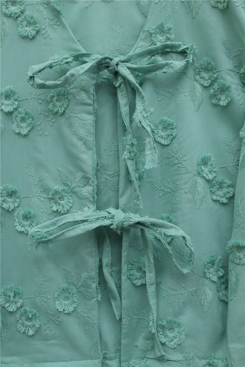 Önü Bağlamalı Kabartma Çiçek Nakışlı Eteği Astarlı Keten Kimono Takım  -Su Yeşili-Takım-349-8089-R36