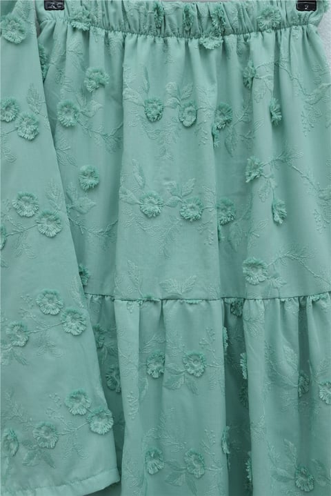 Önü Bağlamalı Kabartma Çiçek Nakışlı Eteği Astarlı Keten Kimono Takım  -Su Yeşili-Takım-349-8089-R36