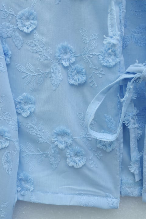 Önü Bağlamalı Kabartma Çiçek Nakışlı Eteği Astarlı Keten Kimono Takım  -Bebe Mavi-Takım-349-8089-R32