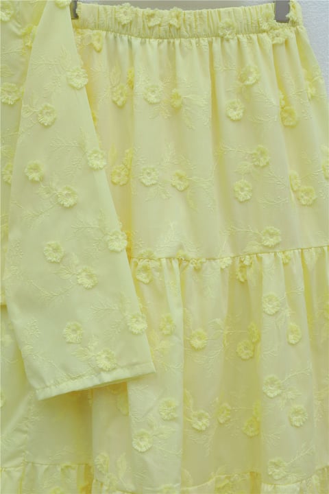 Önü Bağlamalı Kabartma Çiçek Nakışlı Eteği Astarlı Keten Kimono Takım  -Sarı-Takım-349-8089-R22