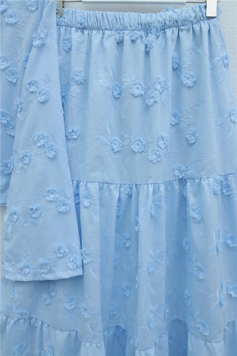 Önü Bağlamalı Kabartma Çiçek Nakışlı Eteği Astarlı Keten Kimono Takım  -Bebe Mavi-Takım-349-8089-R32