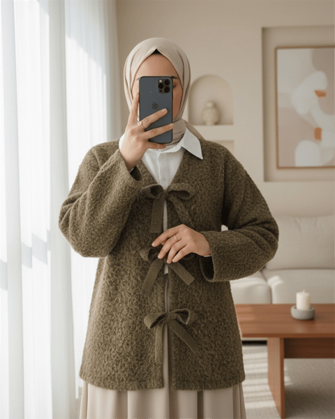 Önü Bağlamalı Kırçıllı Kaşe Ceket  -Açık Kahve-Ceket-349-6065-R76