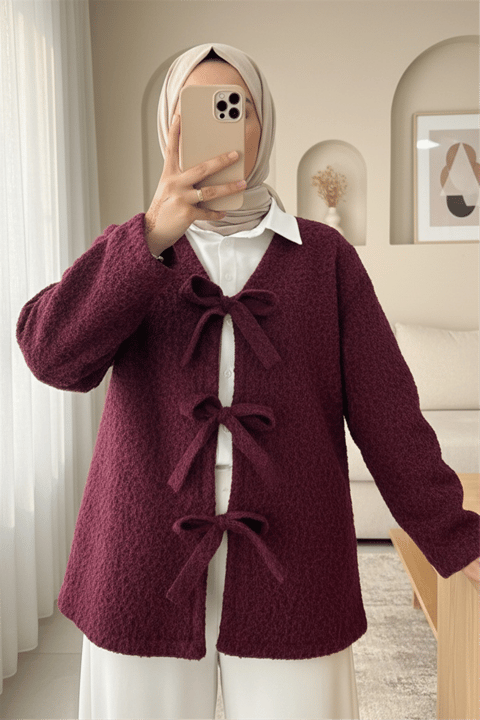 Önü Bağlamalı Kırçıllı Kaşe Ceket  -Bordo-Ceket-349-6065-R04