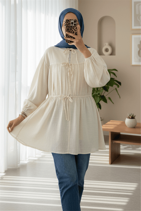 Önü Bağlamalı Kolları Lastikli Gömlek -Ekru-Gömlek-307-2338-R07