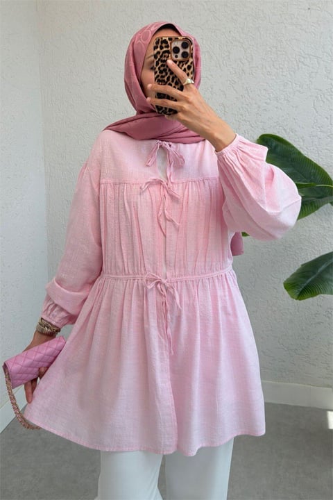 Önü Bağlamalı Kolları Lastikli Gömlek -Pembe-Gömlek-307-2338-R20