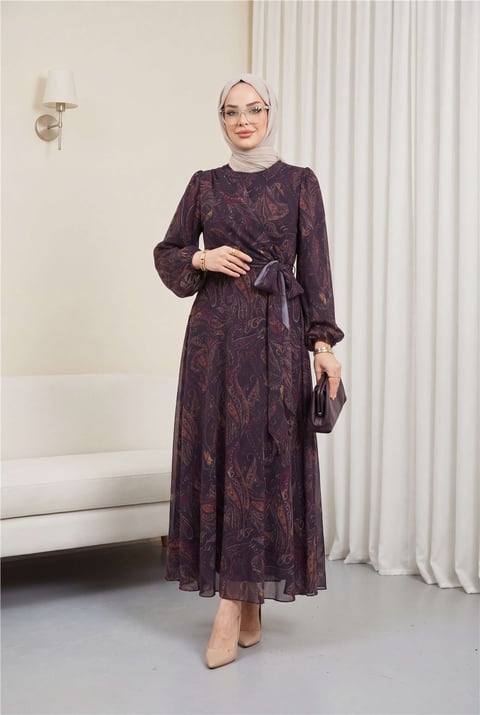 Önü Bağlamalı Kolu Lastikli Desenli Astarlı Şifon Elbise -Koyu Mor-Elbise-386-6302-R80