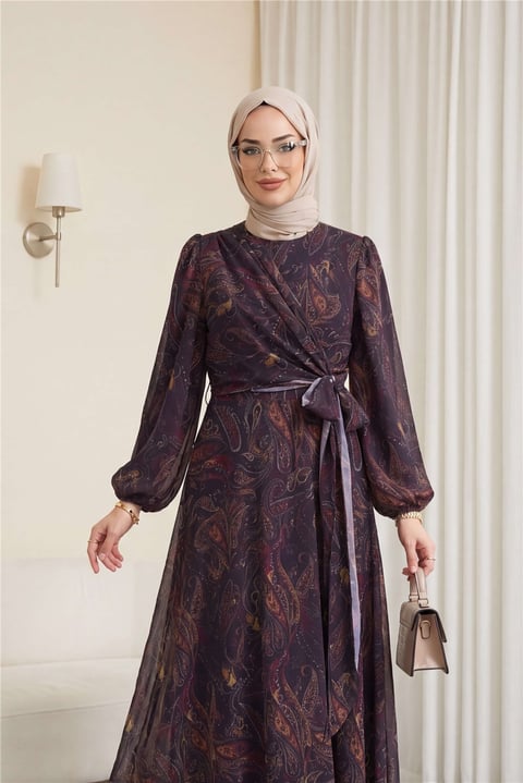 Önü Bağlamalı Kolu Lastikli Desenli Astarlı Şifon Elbise -Koyu Mor-Elbise-386-6302-R80