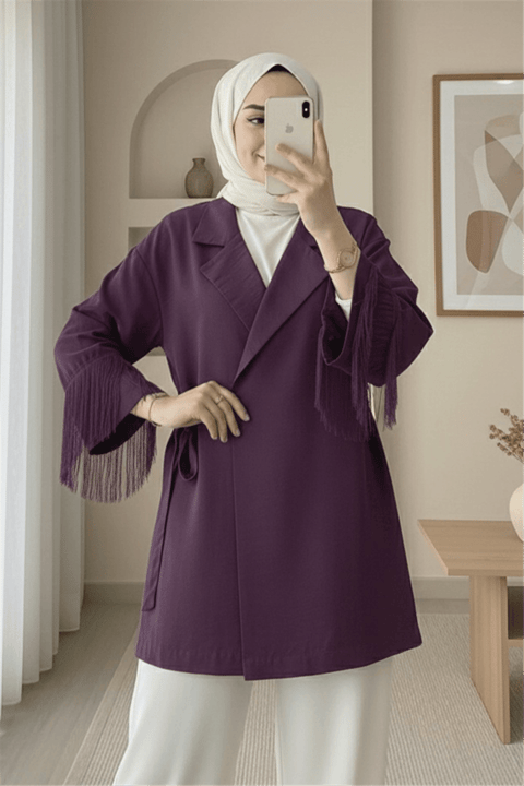 Önü Bağlamalı Kolu Püskül Detaylı Kimono Ceket -Mürdüm-Ceket-307-0004-R09