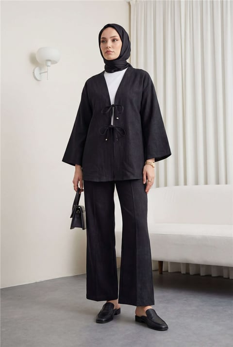 Önü Bağlamalı Pantolonlu Keten Kimono Takım  -Siyah-Takım-398-04014-R01