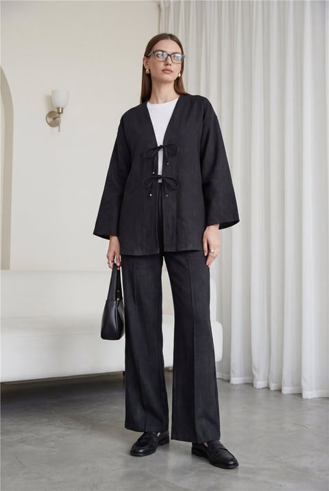 Takım-Önü Bağlamalı Pantolonlu Keten Kimono Takım  -Siyah-398-04014-R01