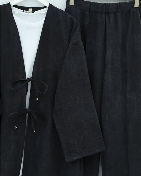 Takım-Önü Bağlamalı Pantolonlu Keten Kimono Takım  -Siyah-398-04014-R01