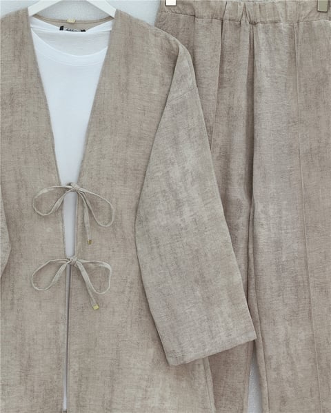 Takım-Önü Bağlamalı Pantolonlu Keten Kimono Takım  -Vizon-398-04014-R23