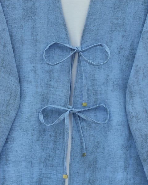Takım-Önü Bağlamalı Pantolonlu Keten Kimono Takım  -Mavi-398-04014-R31