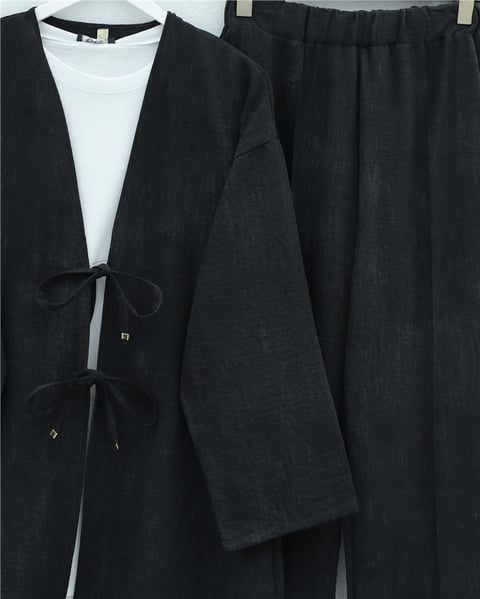 Önü Bağlamalı Pantolonlu Keten Kimono Takım  -Siyah-Takım-398-04014-R01