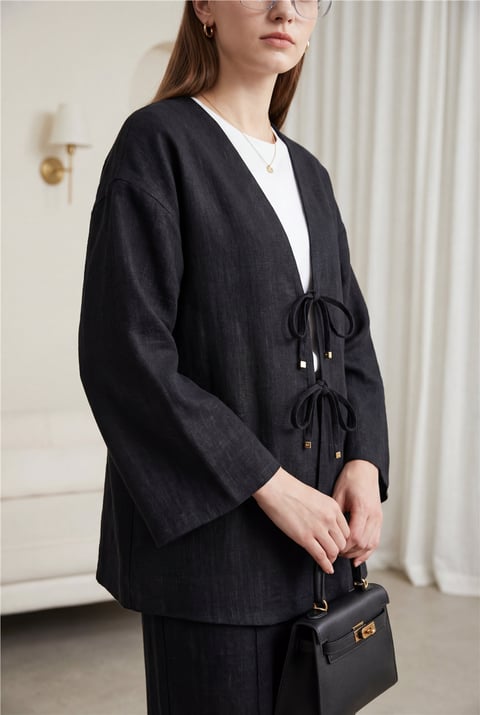 Takım-Önü Bağlamalı Pantolonlu Keten Kimono Takım  -Siyah-398-04014-R01