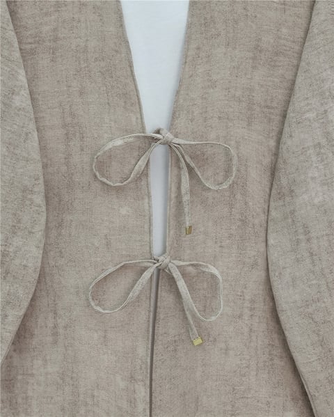 Önü Bağlamalı Pantolonlu Keten Kimono Takım  -Vizon-Takım-398-04014-R23