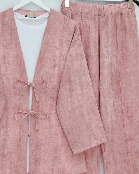 Takım-Önü Bağlamalı Pantolonlu Keten Kimono Takım  -Pudra-398-04014-R06
