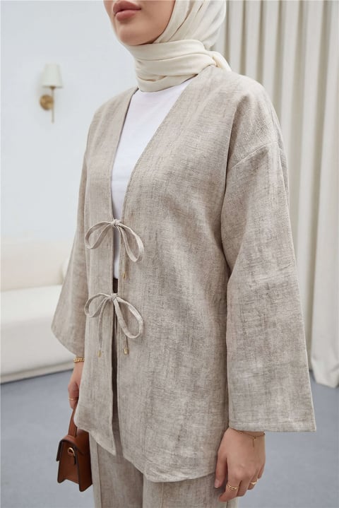 Önü Bağlamalı Pantolonlu Keten Kimono Takım  -Vizon-Takım-398-04014-R23