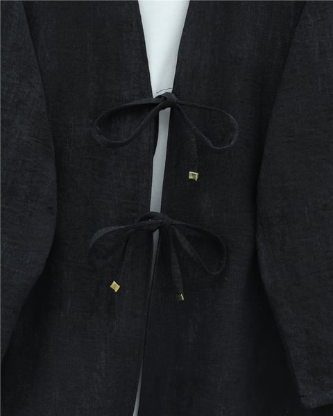 Takım-Önü Bağlamalı Pantolonlu Keten Kimono Takım  -Siyah-398-04014-R01