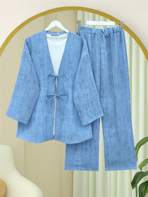 Takım-Önü Bağlamalı Pantolonlu Keten Kimono Takım  -Mavi-398-04014-R31