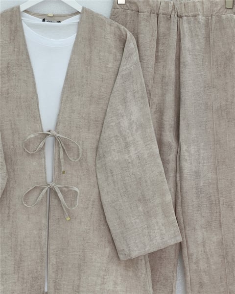 Önü Bağlamalı Pantolonlu Keten Kimono Takım  -Vizon-Takım-398-04014-R23