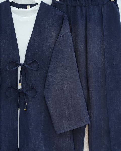Önü Bağlamalı Pantolonlu Keten Kimono Takım  -Laci-Takım-398-04014-R03