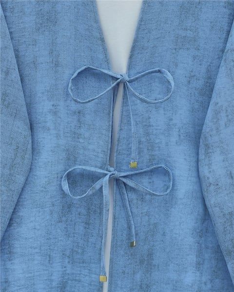 Önü Bağlamalı Pantolonlu Keten Kimono Takım  -Mavi-Takım-398-04014-R31
