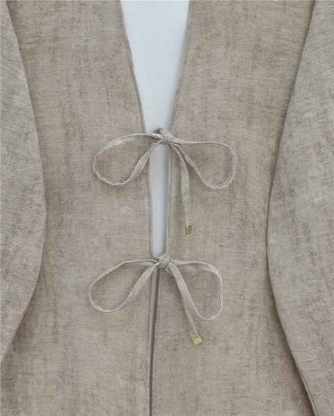 Takım-Önü Bağlamalı Pantolonlu Keten Kimono Takım  -Vizon-398-04014-R23