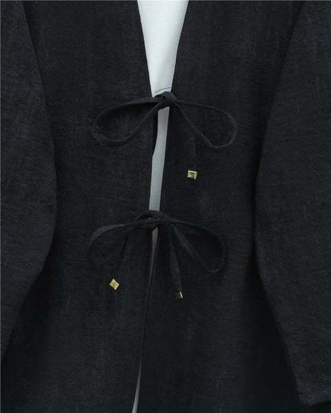 Önü Bağlamalı Pantolonlu Keten Kimono Takım  -Siyah-Takım-398-04014-R01
