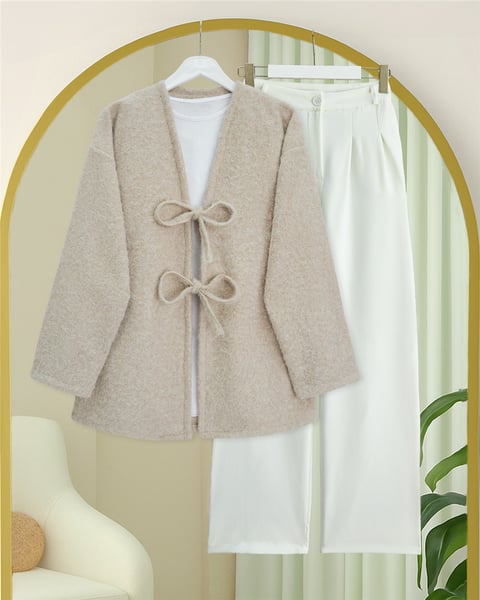 Önü Bağlamalı Sakallı Kimono -Bej-Kimono & Kaftan-398-55003-R56