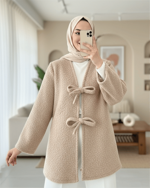Önü Bağlamalı Sakallı Kimono -Bej-Kimono & Kaftan-398-55003-R56