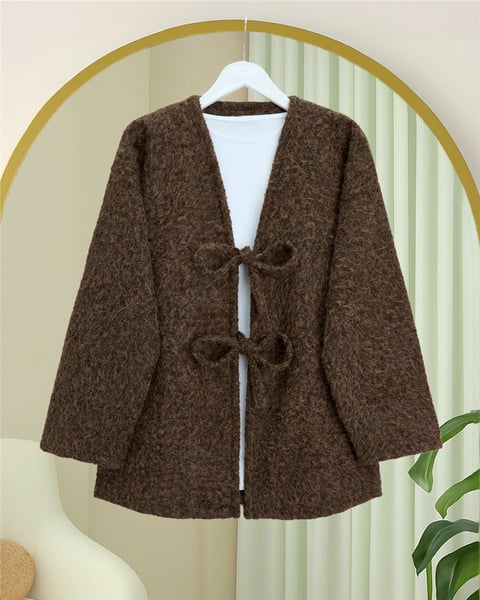 Önü Bağlamalı Sakallı Kimono -Kahve-Kimono & Kaftan-398-55003-R15