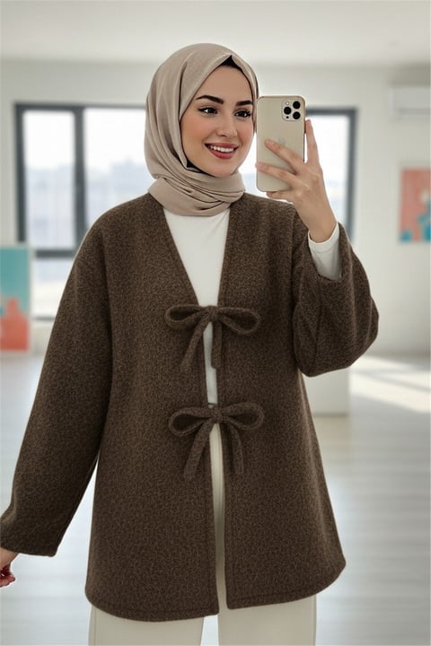Önü Bağlamalı Sakallı Kimono -Kahve-Kimono & Kaftan-398-55003-R15