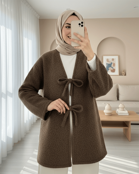 Önü Bağlamalı Sakallı Kimono -Kahve-Kimono & Kaftan-398-55003-R15
